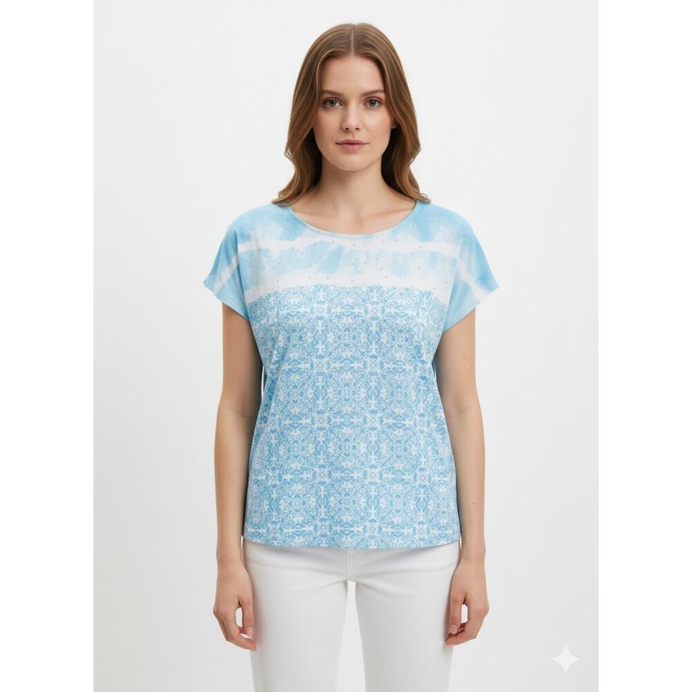 Hearts of Palm Women's Blouse Rhinestones Dolman Sleeve Blue/ White Size Medium